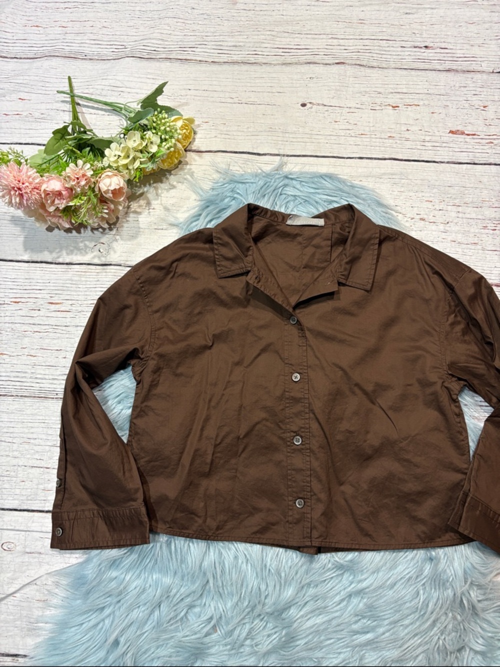 NWOT Everlane Woven PJ Chesnut Button Front Cropped Top - Picture 7 of 8